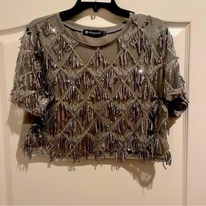 Sequins Shiny Glitter Crop Top Short Sleeves Party Size XL